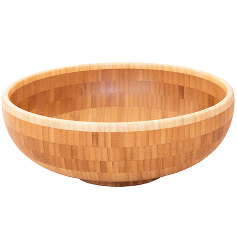A round, light brown wooden salad bowl.