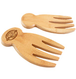A pair of average hand sized wooden salad tongs.