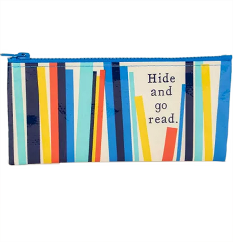 brightly colored pencil case that says "Hide and go read." with lines that look like books in reds, oranges, blues and black.