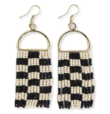 Allison Checkered Beaded Fringe Earrings Black