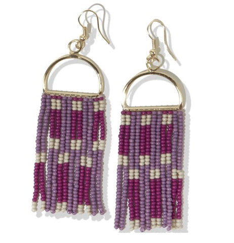 Allison Check Stripe Beaded Fringe Earrings Lilac