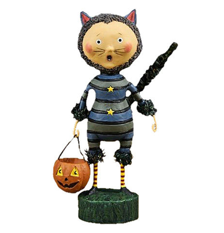 The Sour Puss wears a striped cat costume holding a jack-o-lantern bucket in his hand. 