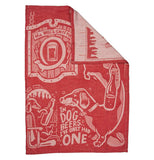 The red dish towel with the white dog image and the words, "In Dog Beers I've Only Had One" in white lettering is shown more open with the upper right corner folded over. To the left of the dog is a white image of the dog holding a bottle and above that is a sign with the dog wrapped around the words, "The Wag and Sniff Pub" in white lettering.