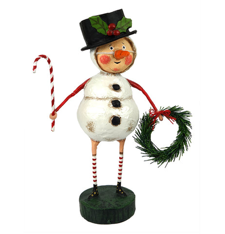 This rosy-cheeked man figurine is in a snowman costume holds a wreath in one hand and a candy-cane in the other while wearing a black top hat with holly on its band.