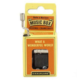 The Music Box package is orange and yellow has the title of the song, "What a Wonderful World" with the winder sticking out of the top.