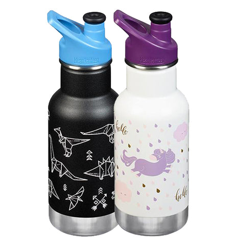 This is a black and white water bottle with a blue sports cap. This water bottle is white with a purple and pink dog on it with a purple sports cap on it.