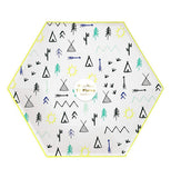 This Large "Let's Explore" Plate feature a campground pattern of teepees, trees, mountains, and arrows over a white background in a clear package with a sticker telling that ten come in the package in the center. 
