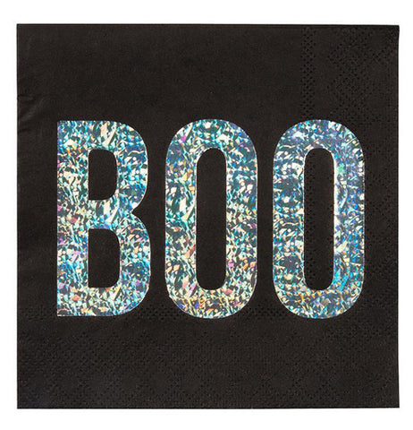 Black napkins have the word "Boo" written in sparkly letters on the front.