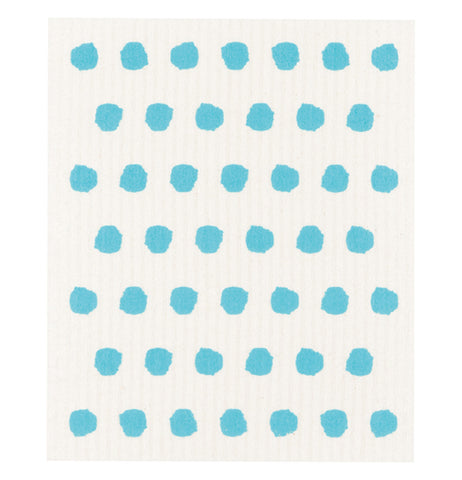 A white Dishcloth with blue spots covering it in rows. 