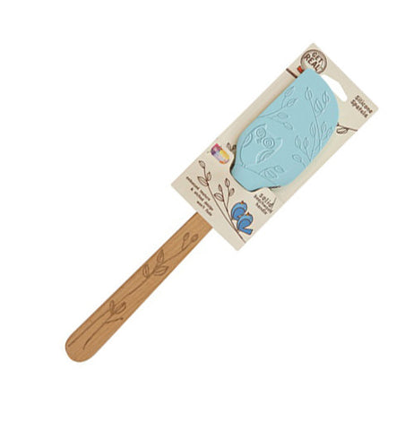 Solid Beechwood handle with a blue silicone spatula blade.