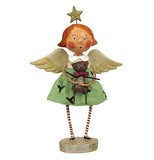 This rosy-cheeked little girl figurine is of an angel with a golden halo and wings, wearing a green dress and holding a teddy bear.