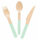 The Wooden (Set of 24) "Mint" Utensils has the fork, spoon, and knife with light blue handles. 