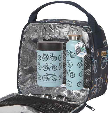 "Sweet Ride" large blue food jar with black bicycle design inside a lunch sack with silver foil lining next to a blue water bottle with black bike design.