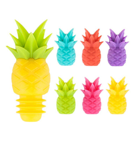 These pineapple shaped charms and bottle stopper come in different colors. The one bottle stopper is pineapple yellow and green. The six small drink charms come in red, yellow, green, pink, purple, and teal.