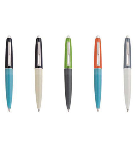 These small different colored pens number five in all. The first one is black and light blue, the second is black and white, the third is green and black, the fourth is orange and light blue, and the fifth is gray and white.