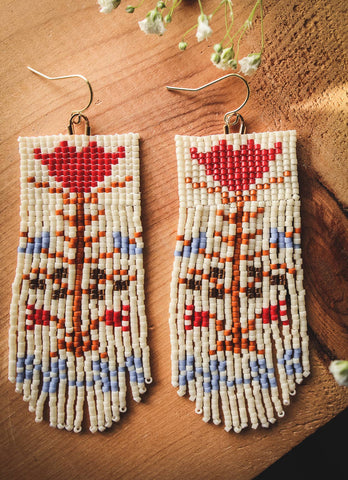 Beaded Handwoven Vintage Flower Fringe Earrings (Cream/Red)