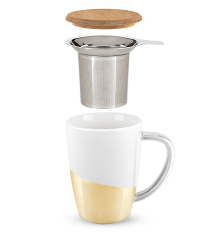 Gold Dipped tea mug showing its parts a tan bamboo lid, a silver colored stainless steel infuser and a white and gold colored mug all on a white background.