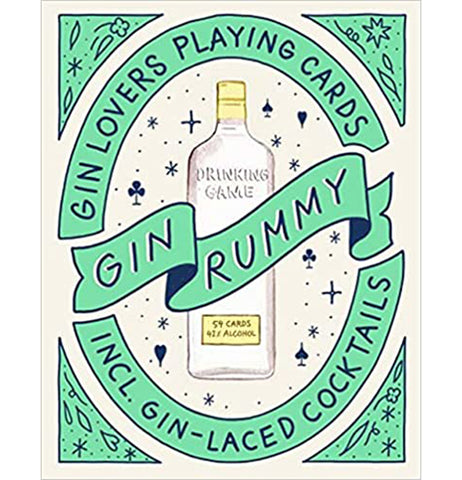 A green and beige deck of cards read "Gin lovers playing cards, including gin-laced cocktails" around a picture of a gin bottle, and "Gin Rummy" across a ribbon in the middle.