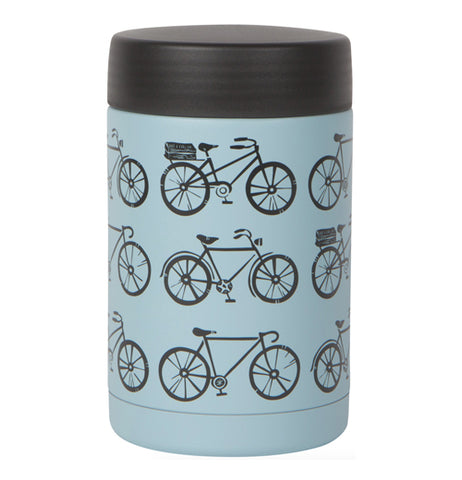 "Sweet Ride" blue large food jar with black bicycle design and black lid over a white background.