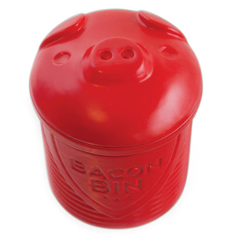 Red silicone bacon grease bin in the shape of a pig.