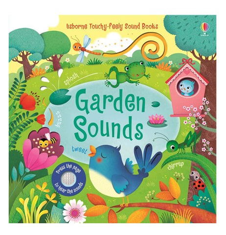 The "Garden Sounds" Book shows beautiful surroundings, such as the blue bird singing, a baby bird in a bird house, a frog on a pond, and a bee on a pink tulip.