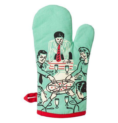 The "Pizza's Here" oven mitt on the back shows the guests reaching for the pizza on the dinner table.
