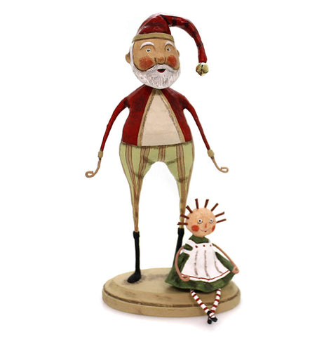 This jolly santa has a santa hat on his head  with a red and white shirt with green and red striped pants with a dolly on the bottom.