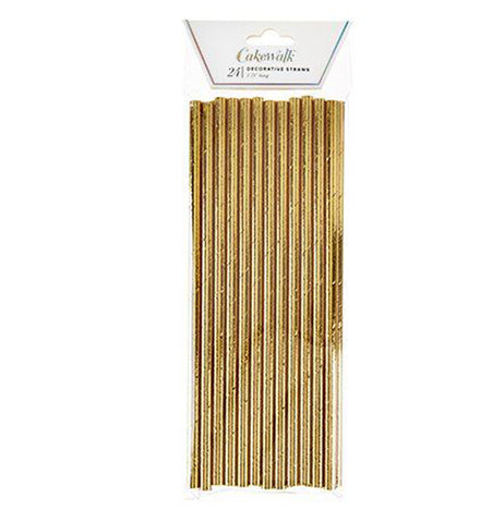 Thirteen golden paper straws are shown inside their transparent packaging. The word, "Cakewalk" is shown at the top in black lettering.