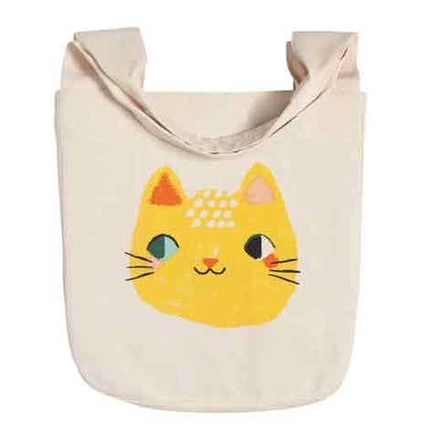 Meow Meow to & fro tote with a picture of a yellow cats head on a white background.