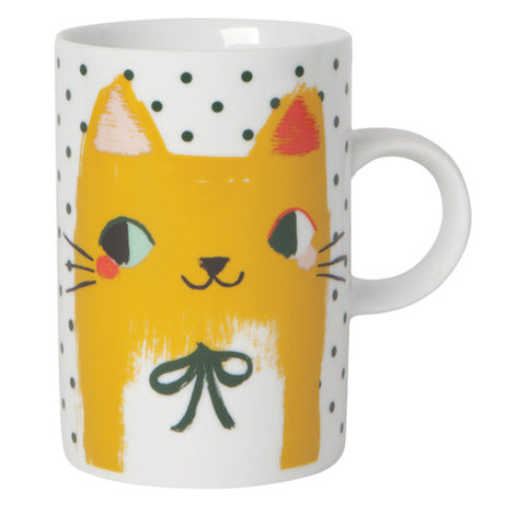 The "Meow Meow" Mug features a smiling yellow cat over a white and green dotted background.