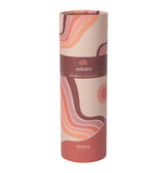 Water bottle has a red, orange, and pink design of retro rainbows and sand dunes in a white background.