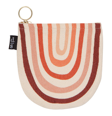 This half moon zippered pouch has a red, pink orange and white rainbow design.