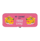 Top view of pink "Fierce" pencil case with orange tiger heads and blue and white words that read "No Shame In A Tough Game" on a white background.