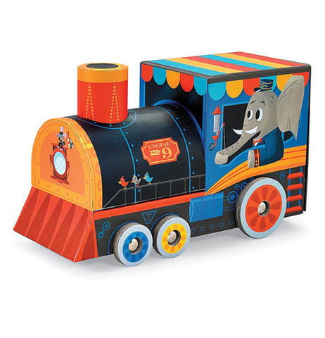Locomotive shaped carrying case for a puzzle and play set.