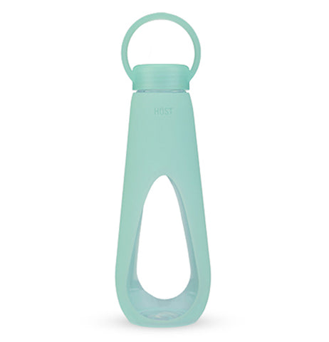 This glass water bottle has a teal plastic sleeve covering most of it. Its teal lid is also made of plastic with a handle.