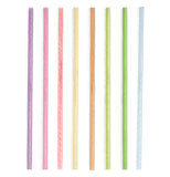8 reusable straws each in a different color, purple, pink, red, yellow, orange, lime green, green, and blue.