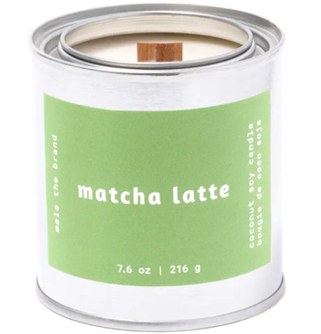A gray tin candle-shaped can with a pastel green label. The label says "Mala the brand--matcha latte--Net weight 7.6 oz. -- coconut soy candle."