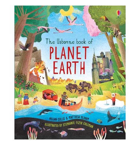 This book shows tree's surrounded by water with people and someone in a canoe and some people waiting on an island and someone ice fishing. The name of the book is called Planet Earth. this book shows in the background of buffalos and a city scape and a volcano erupting and flamingos flying in the air.