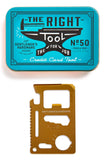 Metal box says "The Right Tool For The Job." With multi purpose travel tool that is the same size and shape of a credit card .