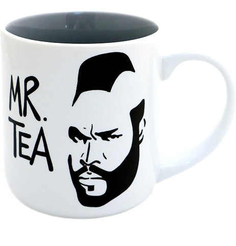 A mug with a white exterior and black interior. In black, it reads "Mr. Tea." with an outline of Mr. Ts' head.