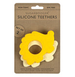 The hedgehog teethers are both shown in their packaging. At the top are the words, "Sugarbooger Silicone Teethers" in black lettering.