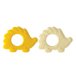 This is a set of 2 silicone hedgehog teethers. One is yellow and one is cream colored.