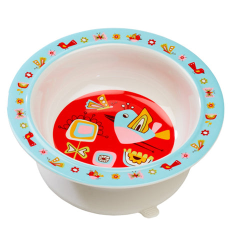This red, yellow, and blue suction bowl features a birds and butterflies design.