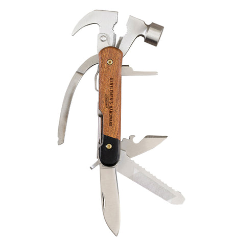 This multi-purpose tool is a Swiss army knife with a knife, small saw, hammer, nail remover, and scraper all in one.