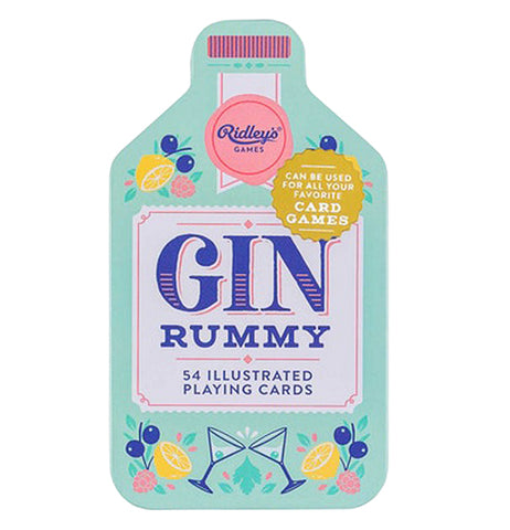 The "Gin Rummy" Playing Cards has a container that looks like a shaped bottle with lemons, raspberries, and blueberries on a blue background. 