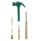This hammer multi-tool with a blue and green jungle and sky design shows all the different tools on a white background. The tools include different sized screwdrivers.