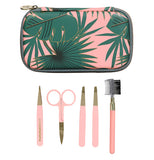 This Eye Brow Kit "Pink Paradise" has green palms on a pink background with pink handled tools below the bag.