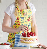 This apron has pictures of fruit on it like strawberries and different berries.