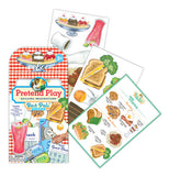 The pretend play package with the menu card, and several sheets of the pretend food items, like grilled cheese, ice cream sunday and coffee, in the background