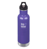 The purple steel water bottle with a loop cap and the Klean Kanteen logo printed in the center is shown individually.